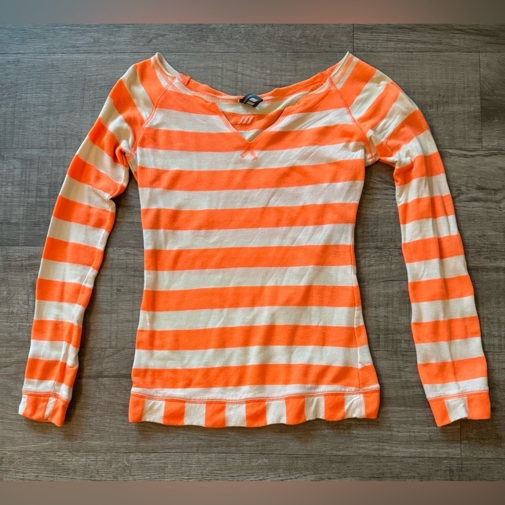 West We Surf Orange & Beige Striped V Neck Long Sleeve Pull Over Top Size 6